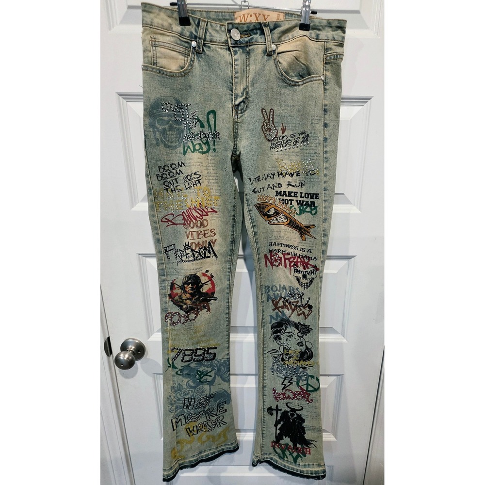 W:XX by Waimea Graffiti Flare Jeans Womens 9 Blue Denim Rhinestone Grunge Y2K